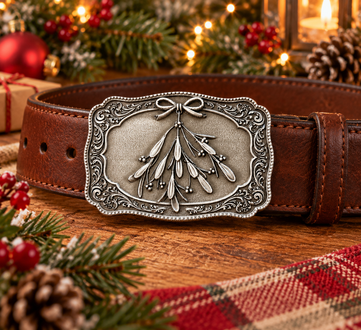 Under the Mistletoe Belt Buckle - Silver or Gold