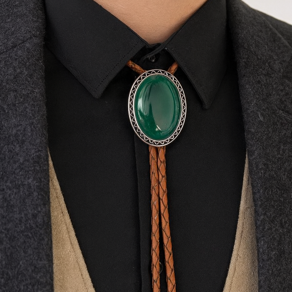 Green Stone & Silver Bolo Tie