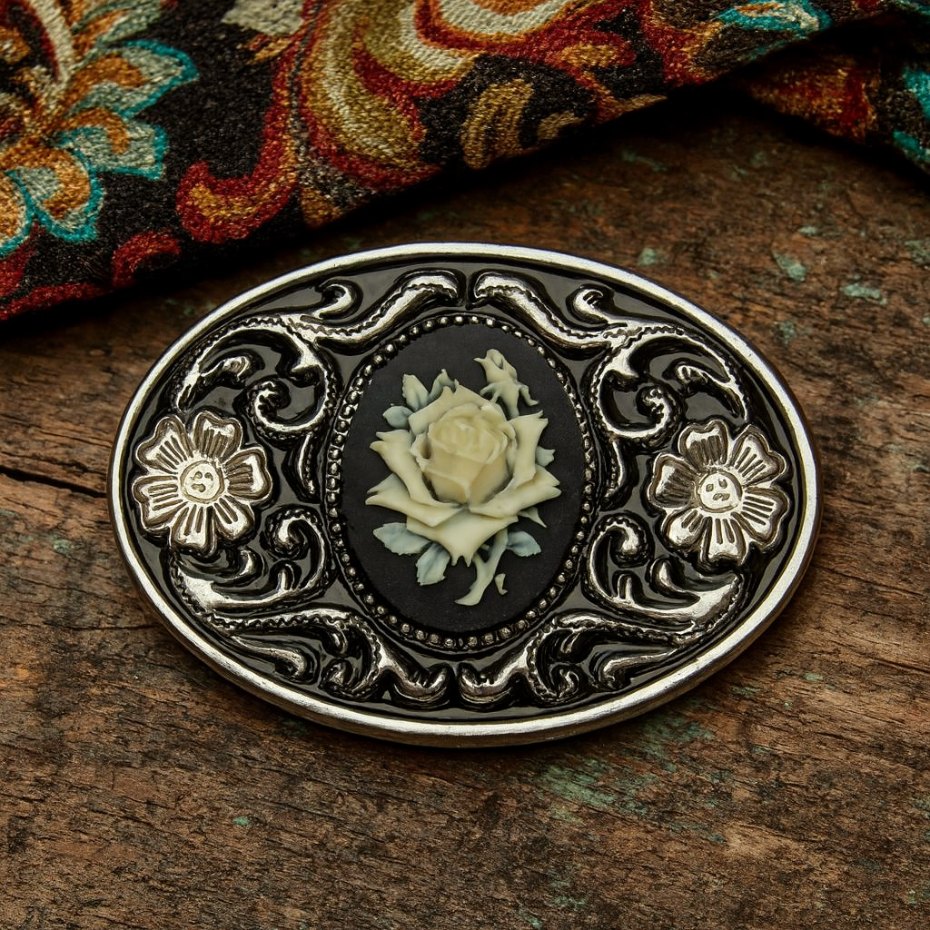 Black and White Rose Belt Buckle