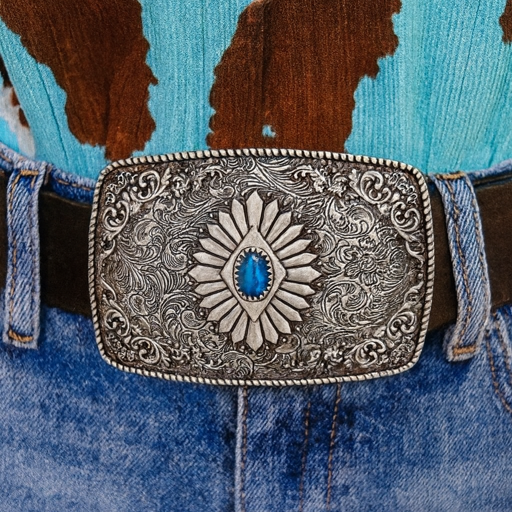 Turquoise Engraved Belt Buckle display picture 2
