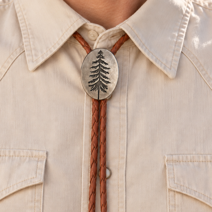 Pine Tree Bolo Tie - Brown Cord