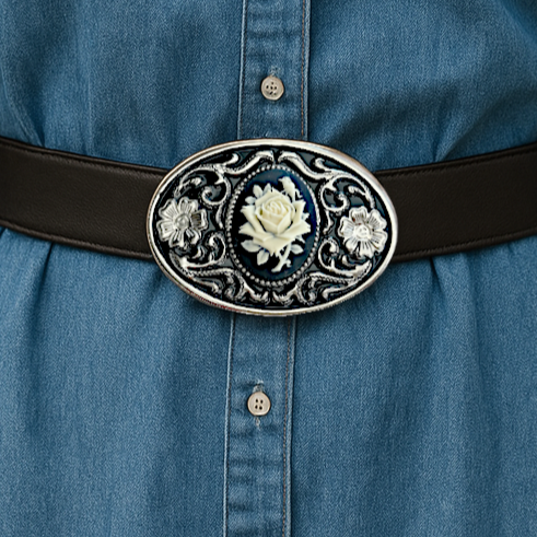 Black and White Rose Belt Buckle