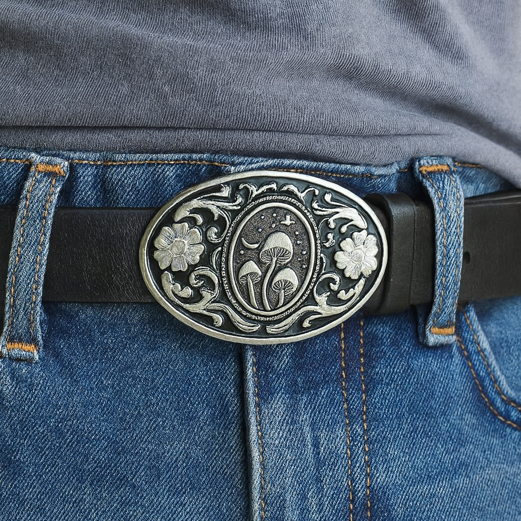 New Silver Textured mushroom Belt buckle Handmade Silver Mushroom Belt Buckle, Purple Resin, Nature  main image 4