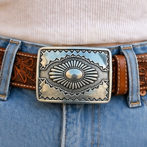 Tooled Brown Belt with Silver Plated Buckle