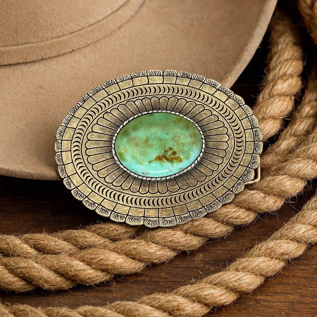Antique Gold Turquoise Belt Buckle display picture 1