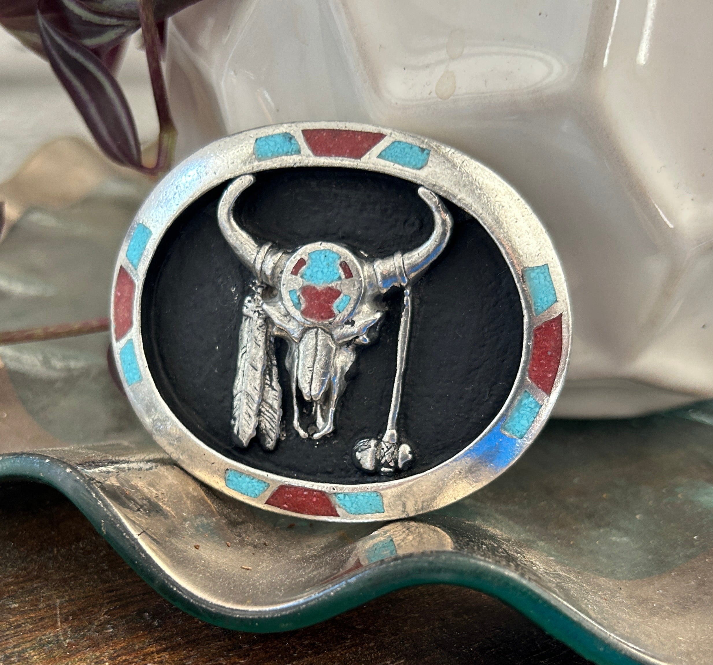 Turquoise & Coral Steer Skull Belt Buckle