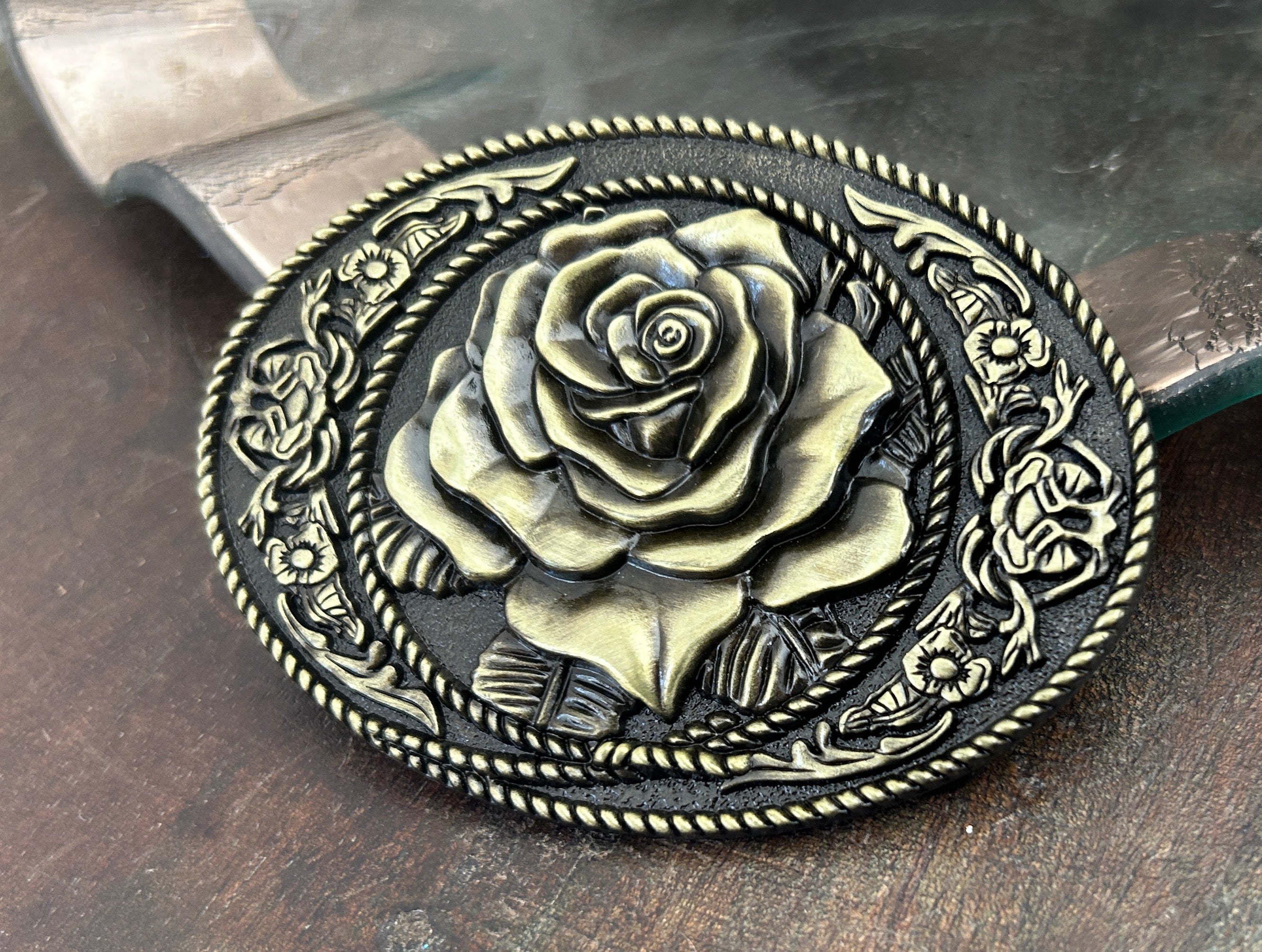Western Rose Belt Buckle - Brass or Silver