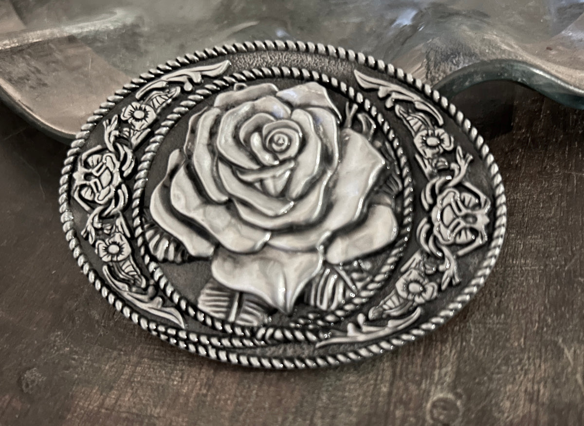 Gold and Silver Rose Belt Buckles Silver Belt Buckle with Rose Cabochon, Western Cowboy  main image 3
