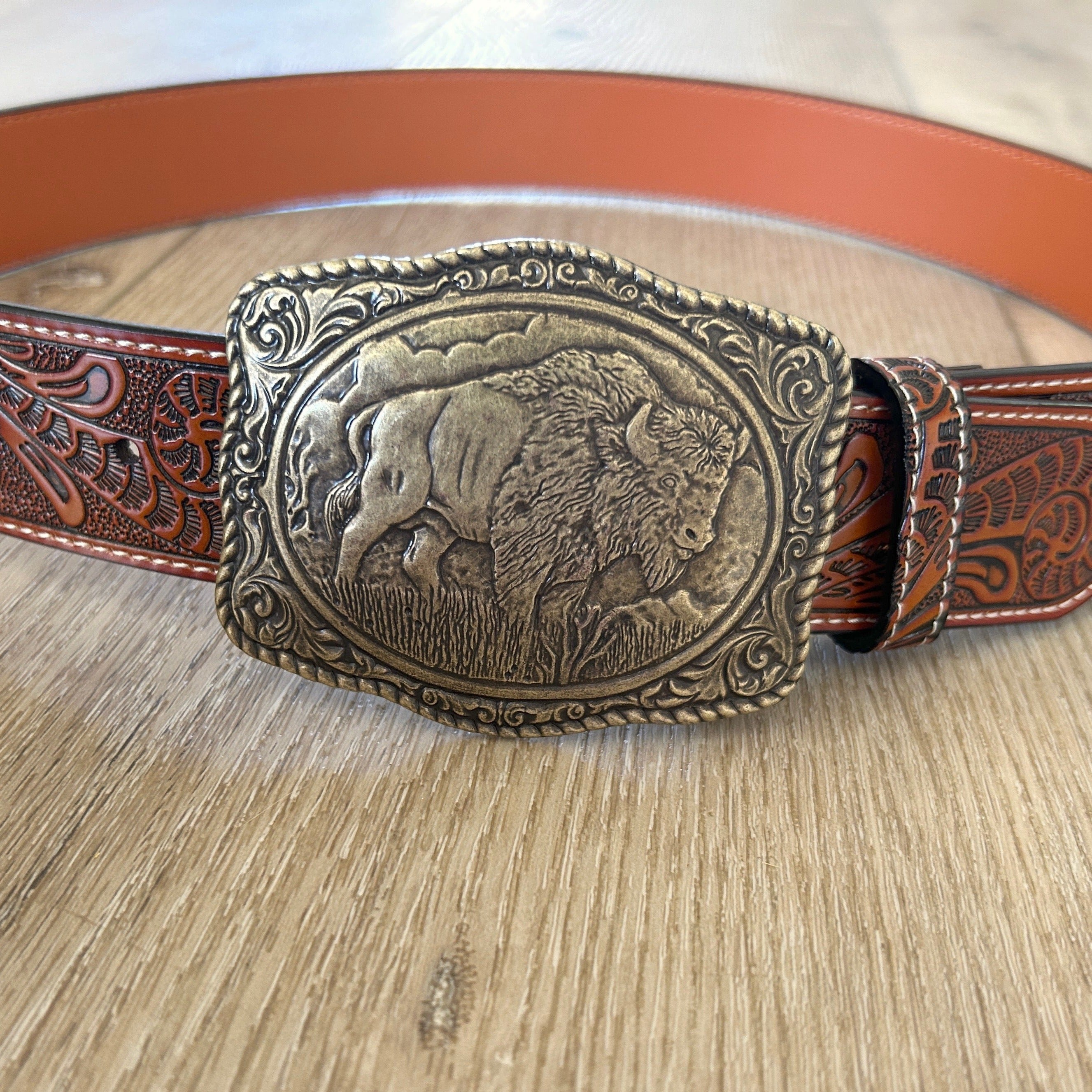 Brass Buffalo Buckle Tooled Brown Leather Belt