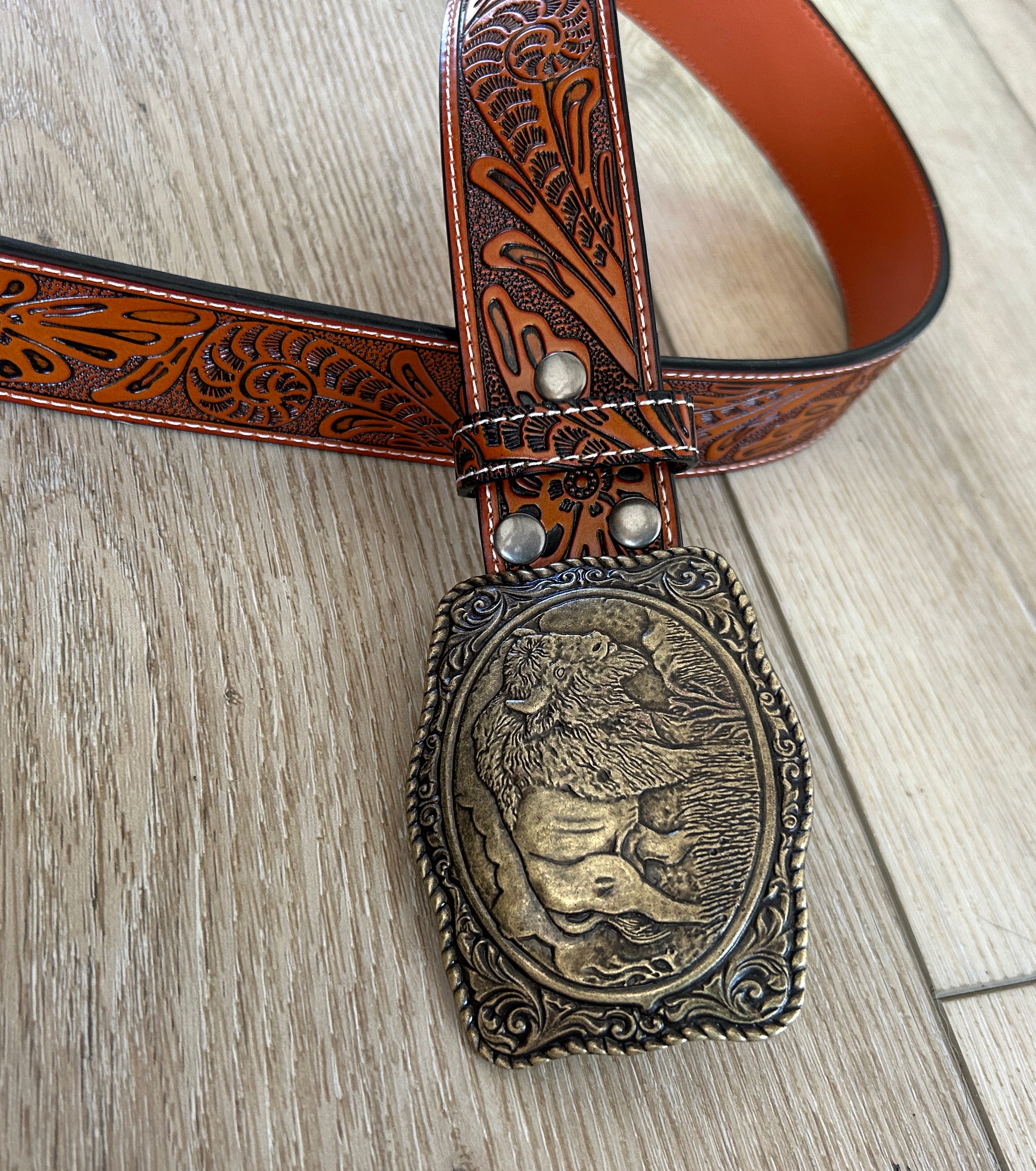 Brass Buffalo Buckle Tooled Brown Leather Belt