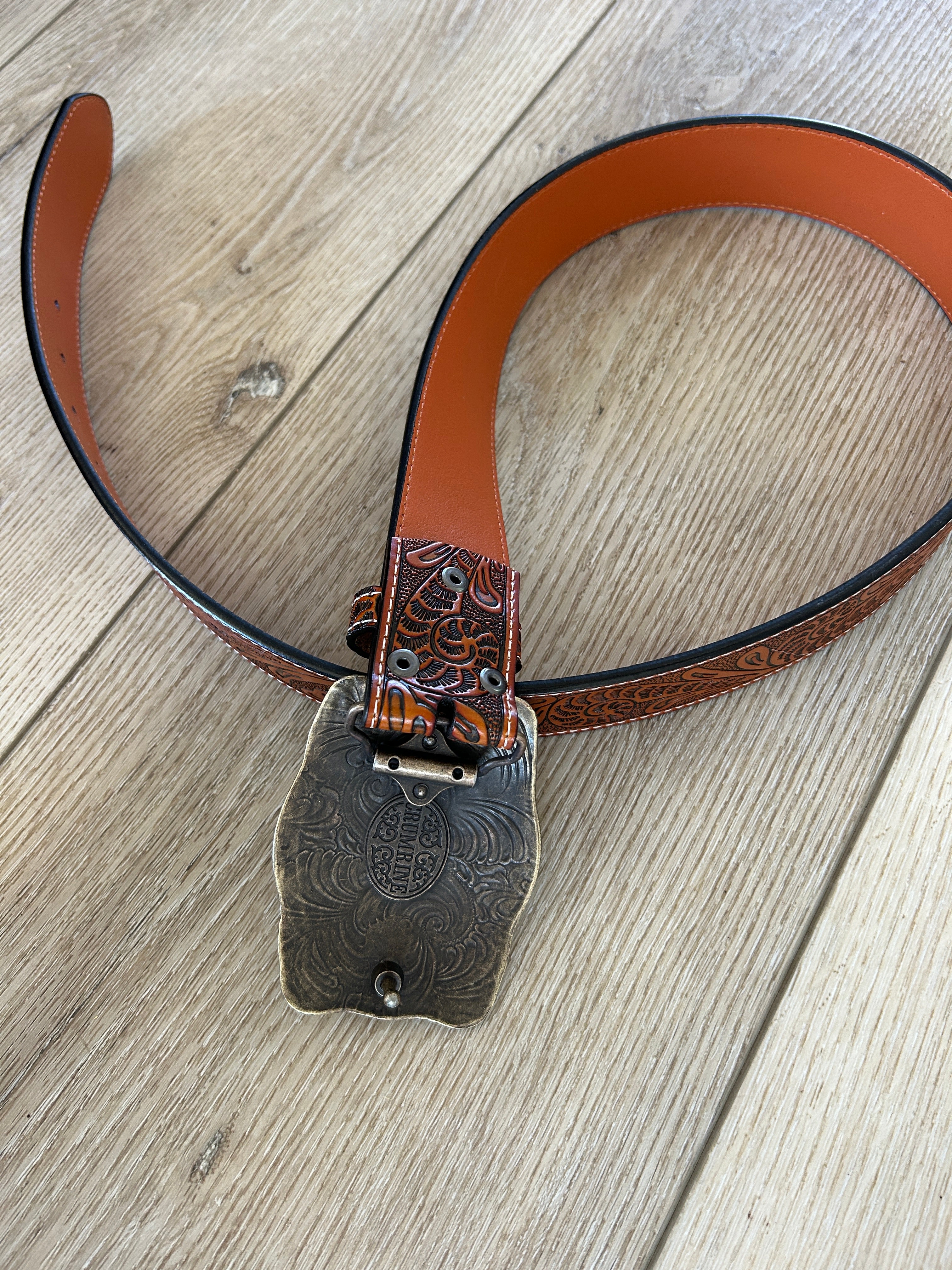 Brass Buffalo Buckle Tooled Brown Leather Belt