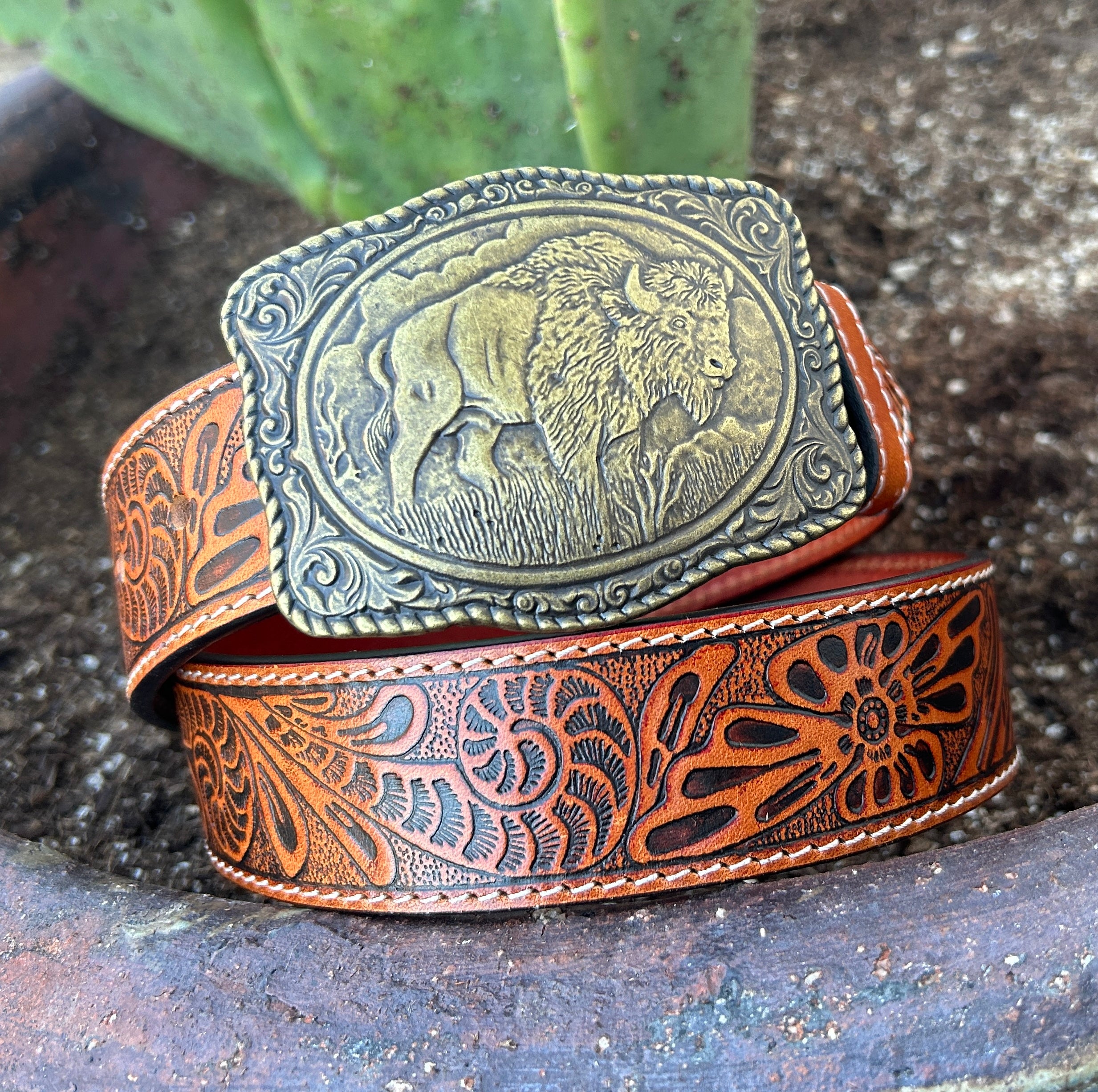 Brass Buffalo Buckle Tooled Brown Leather Belt