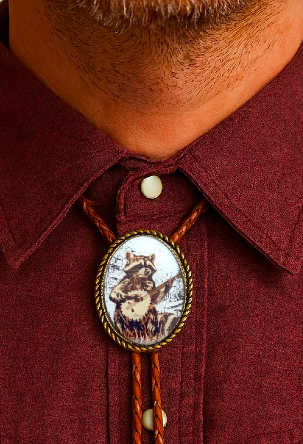 Banjo Raccoon Bolo Tie - White Background