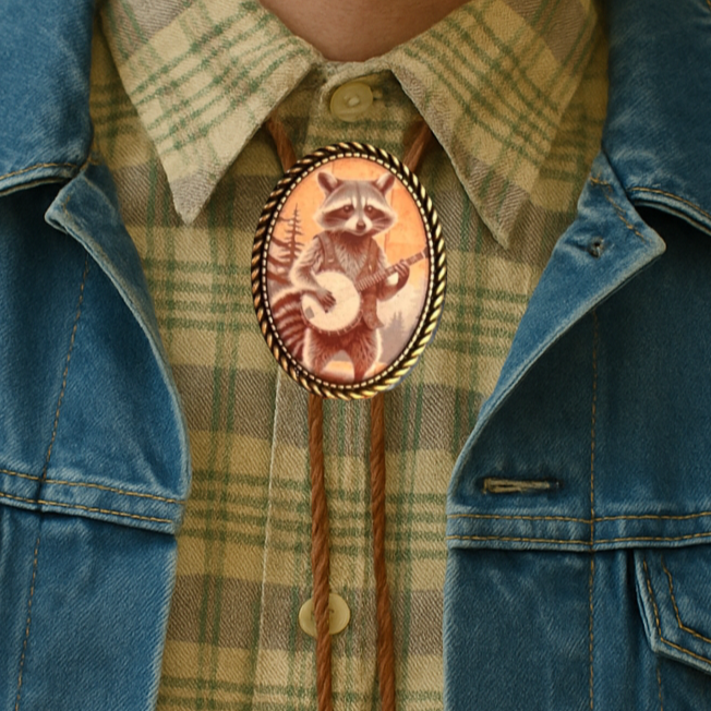 Banjo Raccoon Bolo Tie - cream background