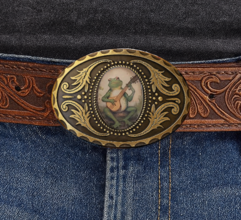 Banjo Frog Belt Buckle Antique Gold