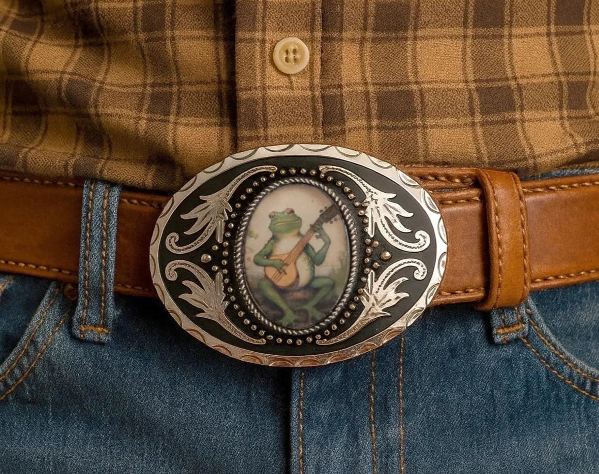Banjo Frog Belt Buckle Silver Frame