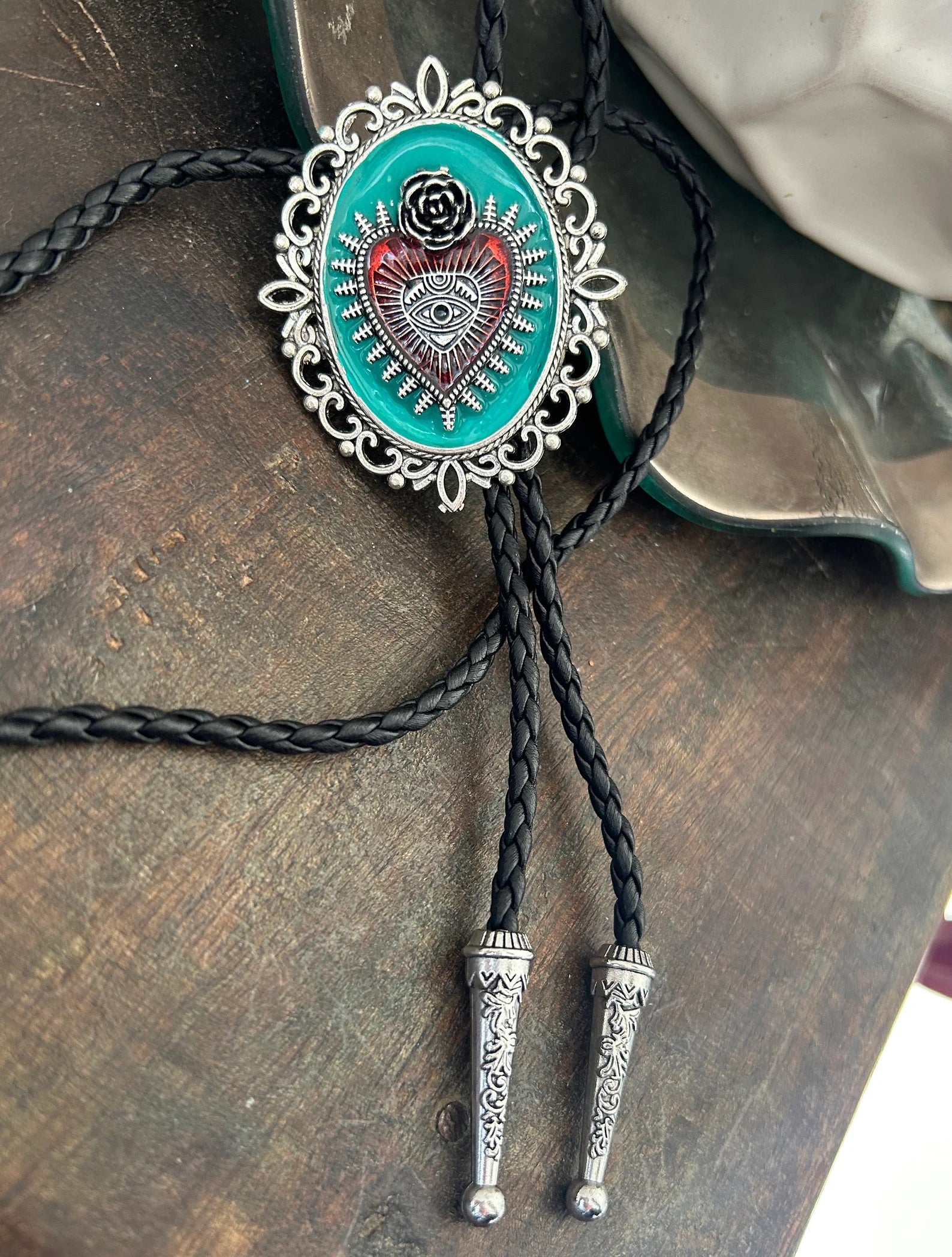 Sacred Heart on turquoise Rose Bolo Tie