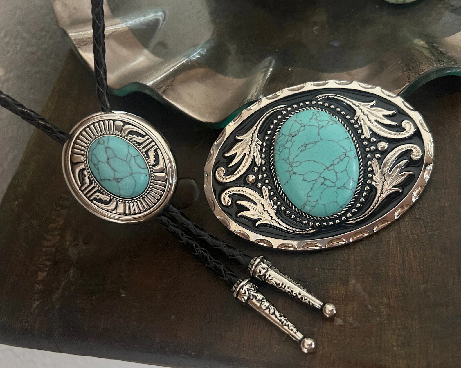 Turquoise Stone Buckle/Bolo Set