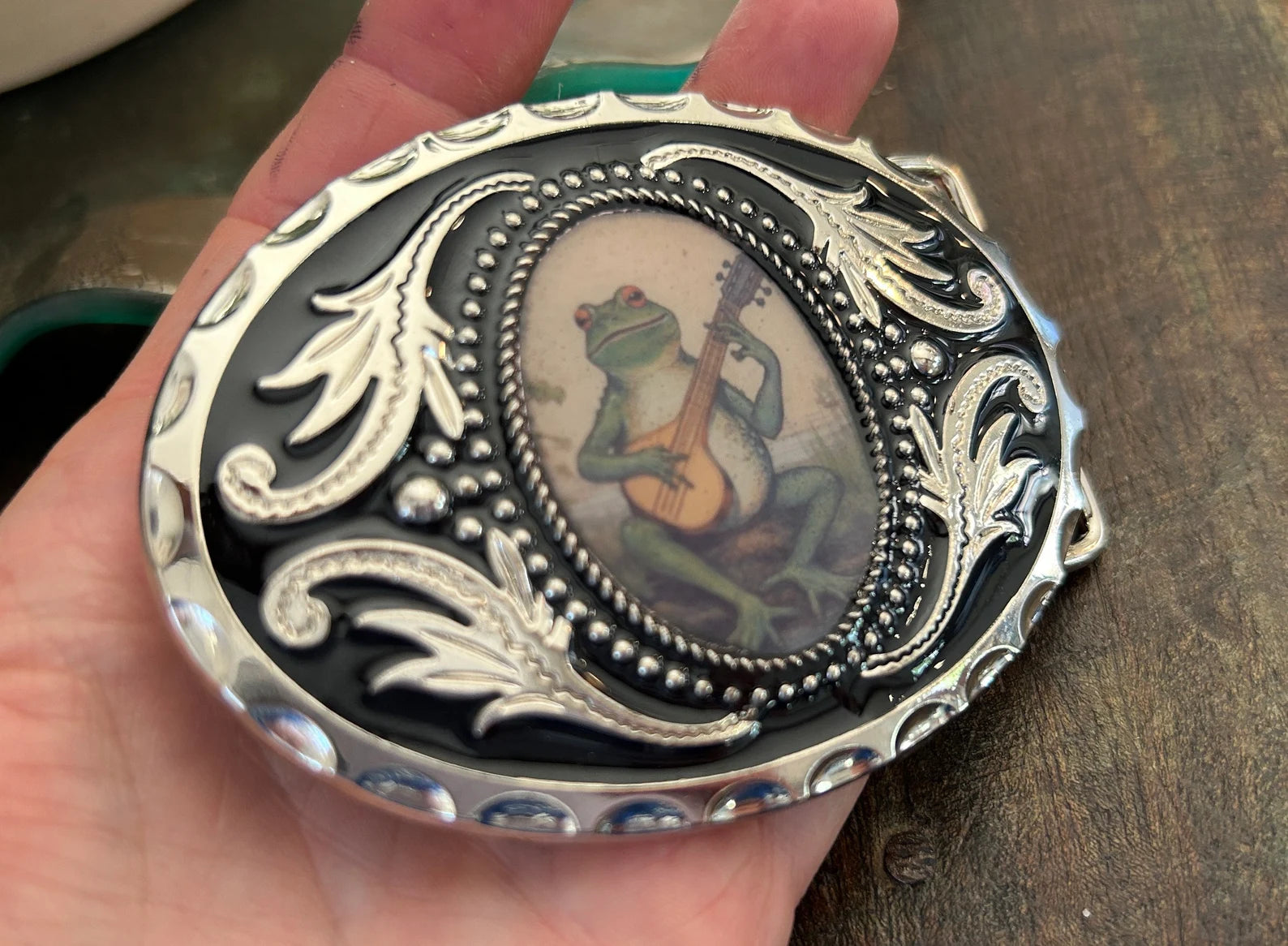 Banjo Frog Belt Buckle Silver Frame