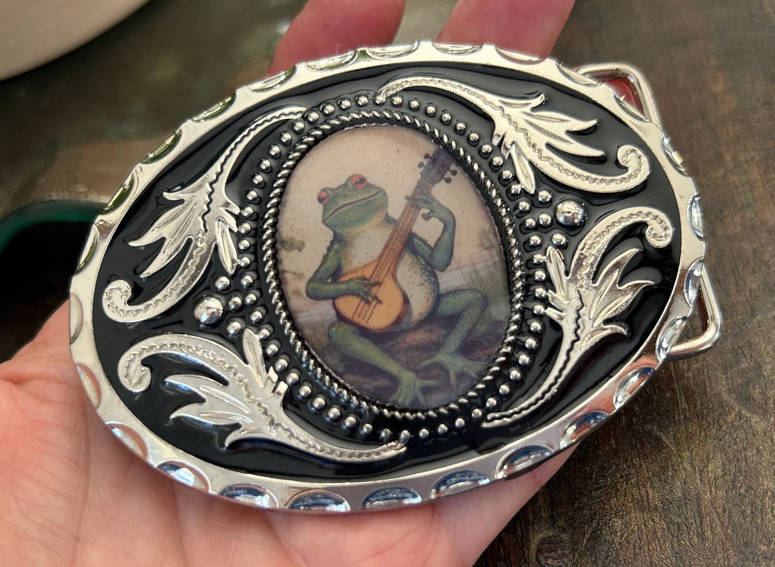 Banjo Frog Belt Buckle Silver Frame