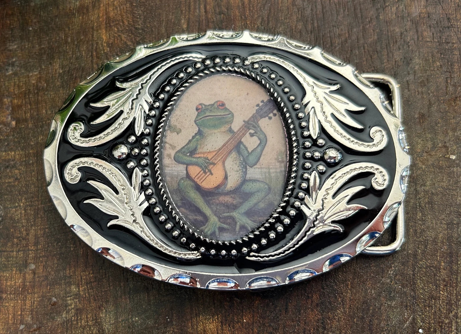 Banjo Frog Belt Buckle Silver Frame