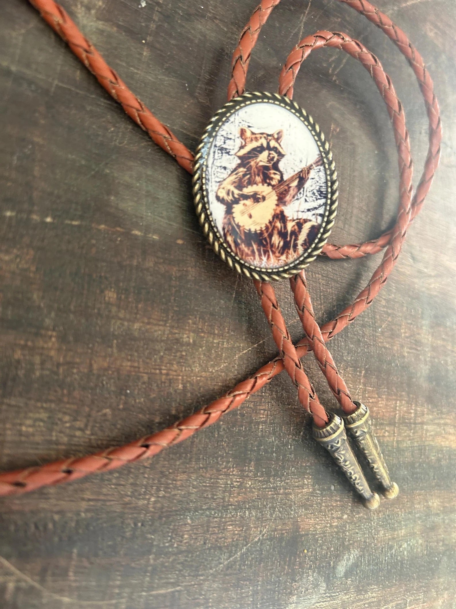 Banjo Raccoon Bolo Tie - White Background