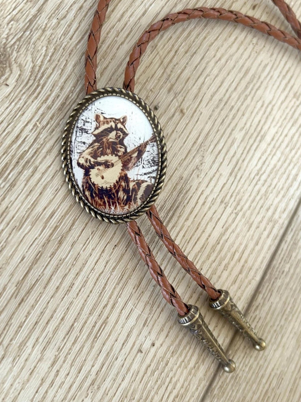 Banjo Raccoon Bolo Tie - White Background