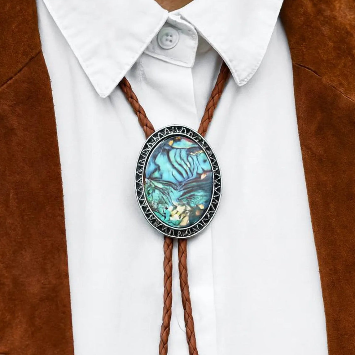 Abalone Shell Bolo Tie with Brown Cord