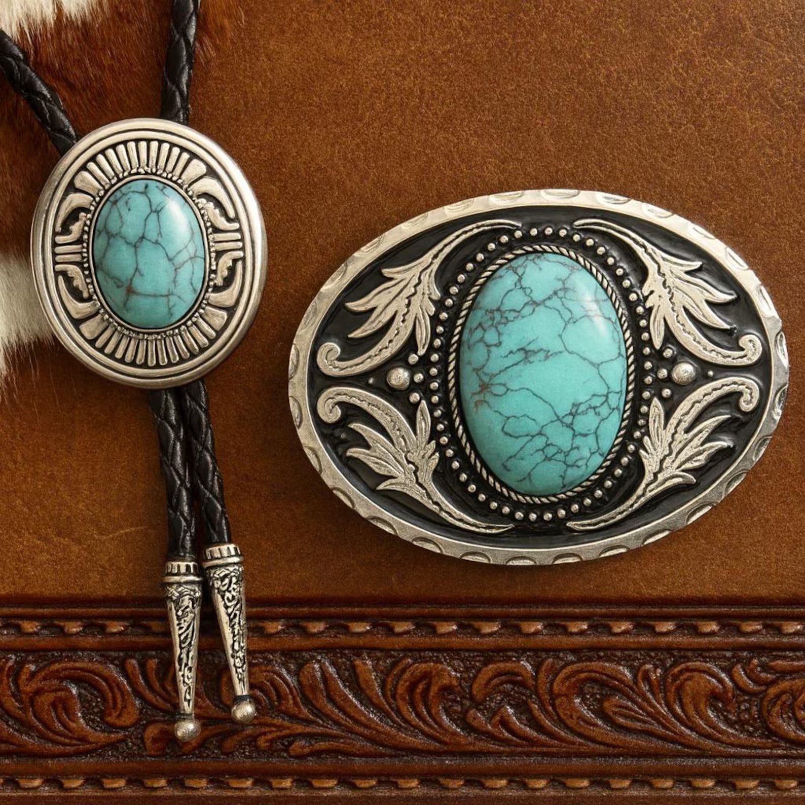 Turquoise Stone Buckle/Bolo Set