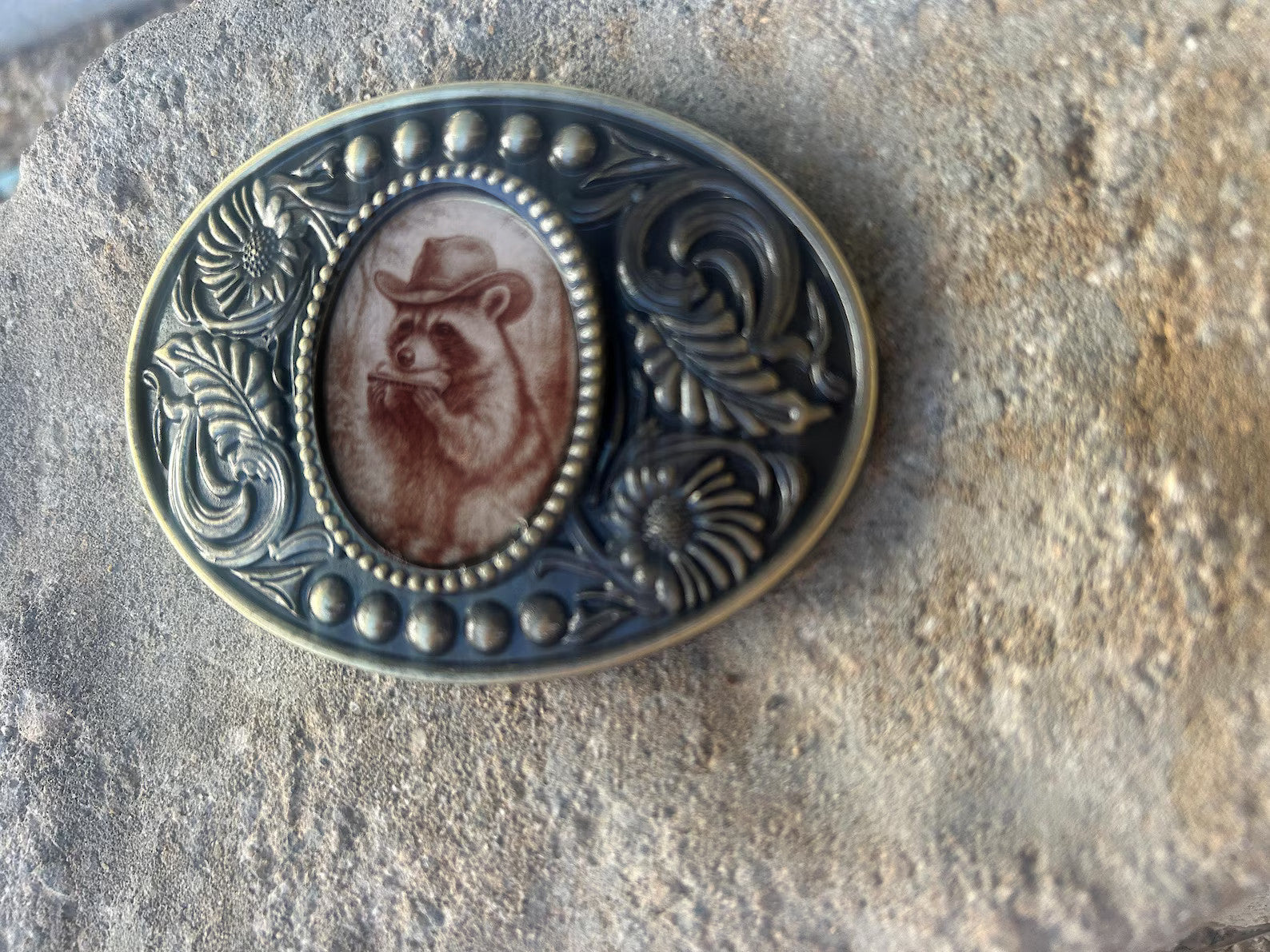 Harmonica Raccoon Belt Buckle