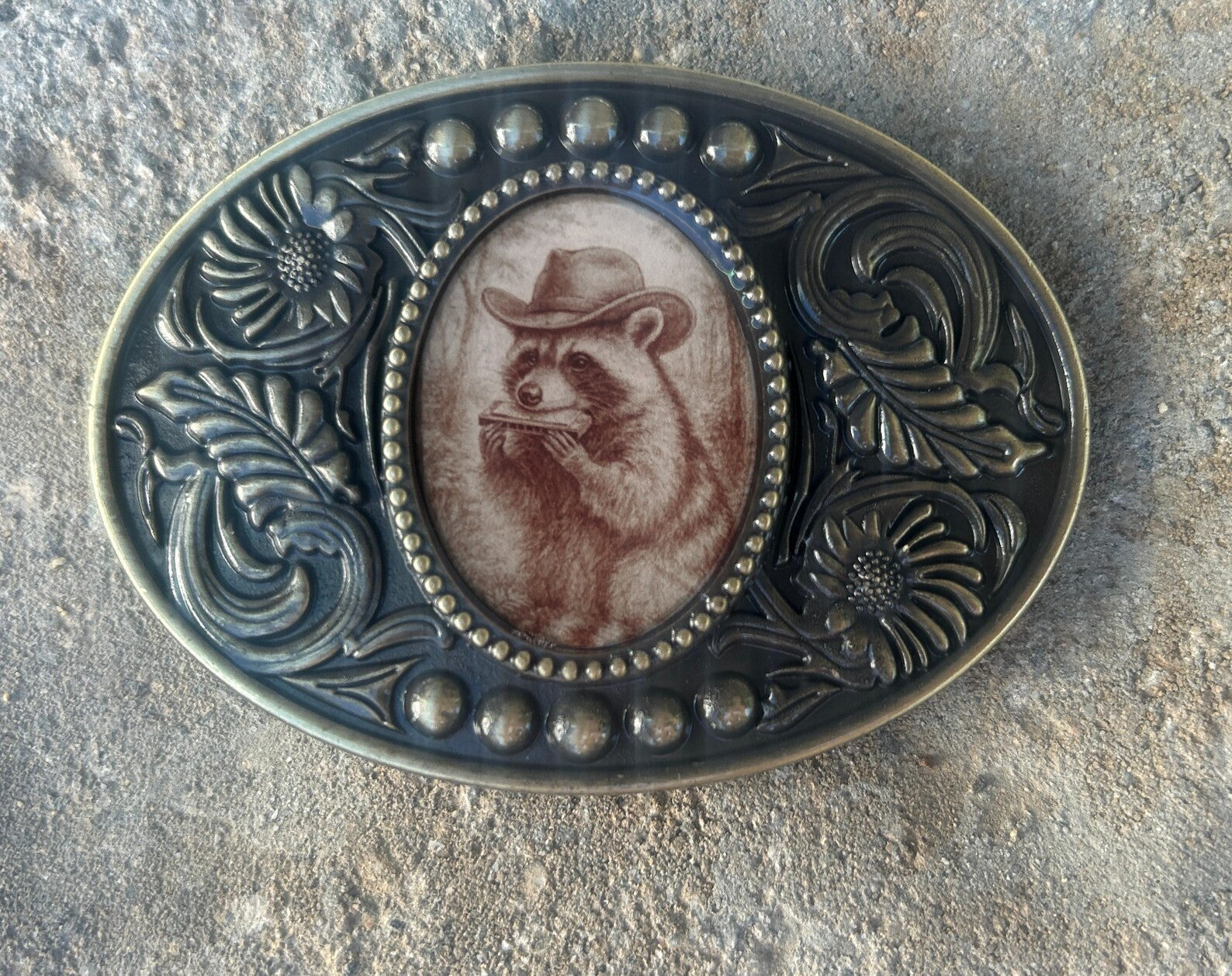 Harmonica Raccoon Belt Buckle