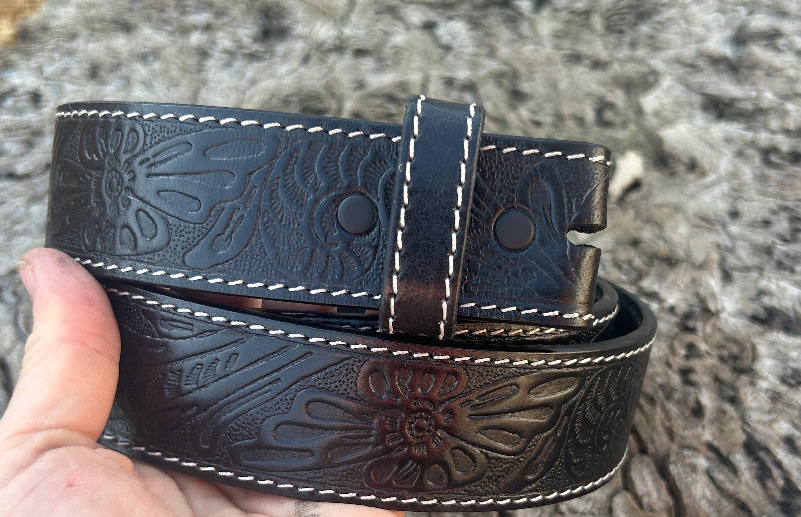 Black Tooled Leather Belt Strap