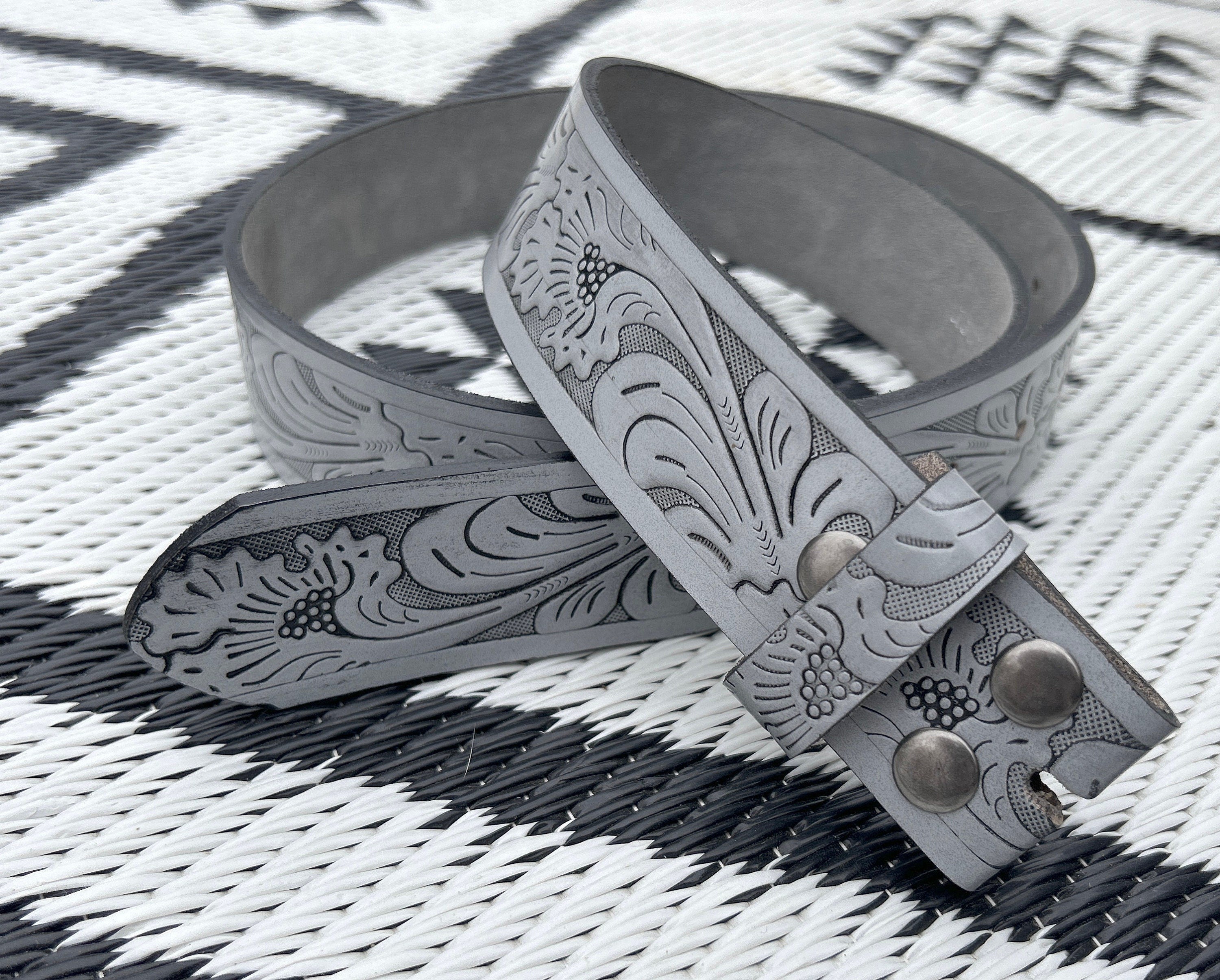 Embossed Grey Leather Belt Strap
