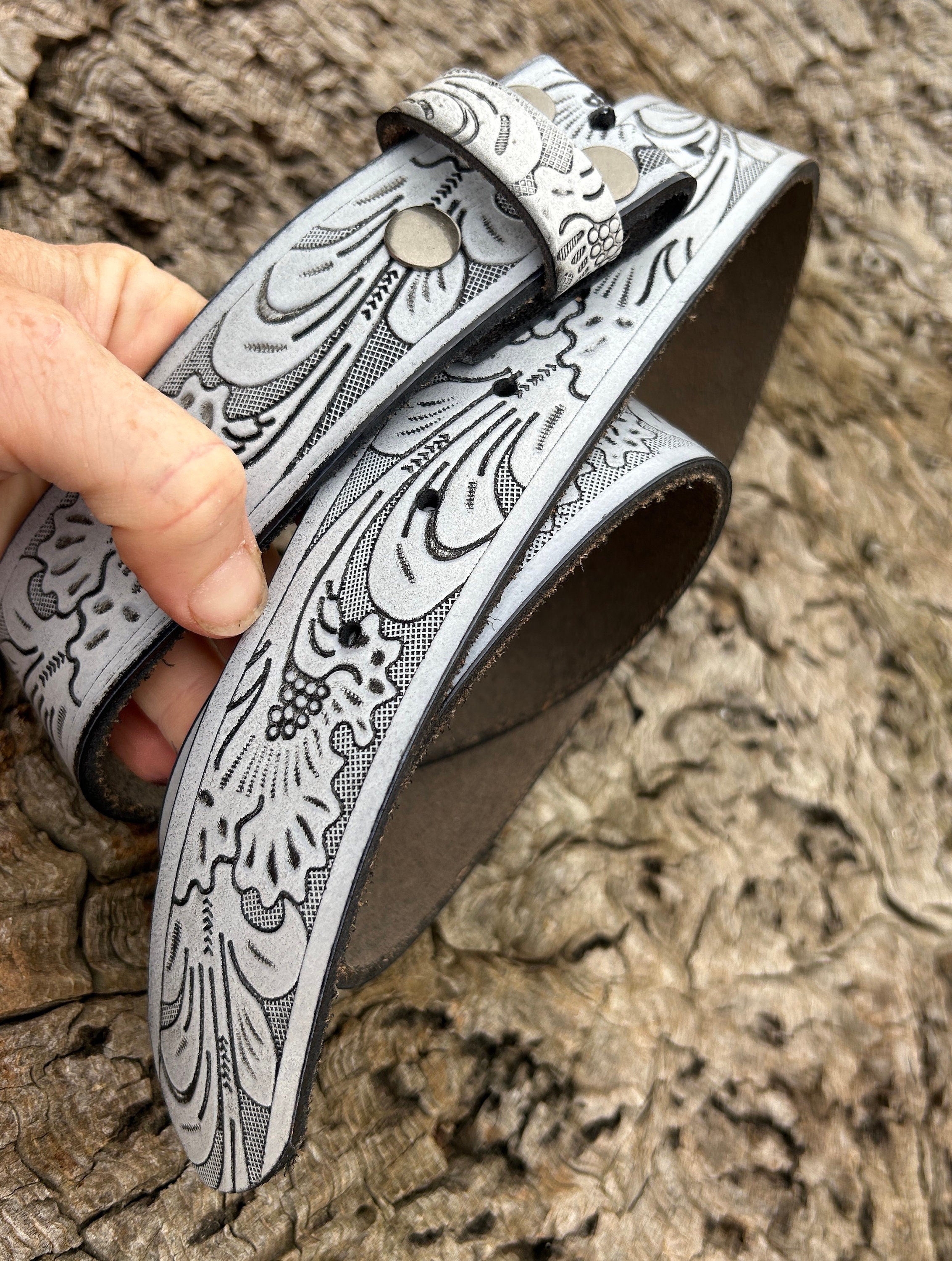 Embossed Grey Leather Belt Strap