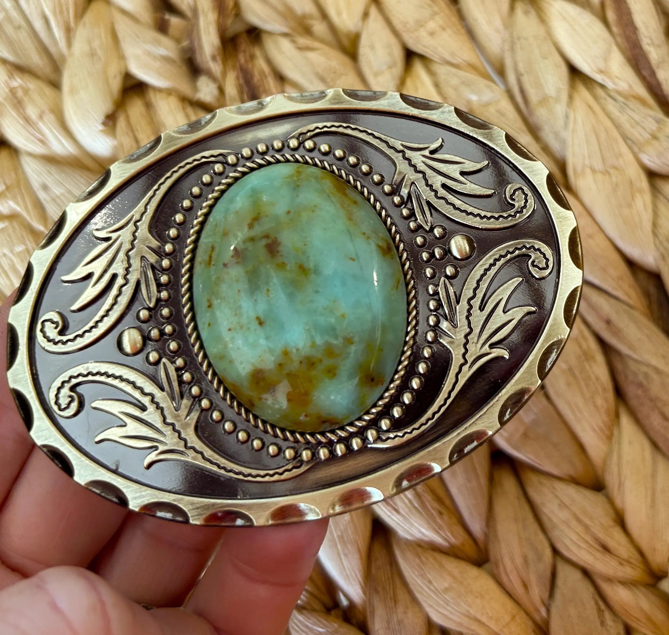 Antique Gold Teal Stone Belt Buckle