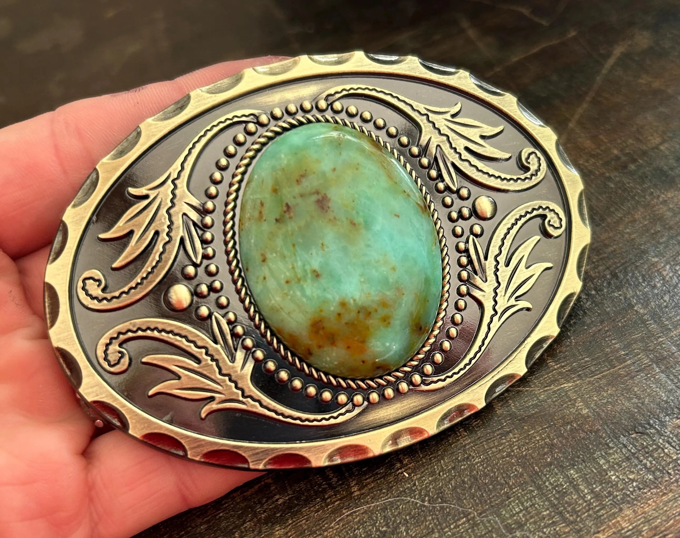 Antique Gold Teal Stone Belt Buckle