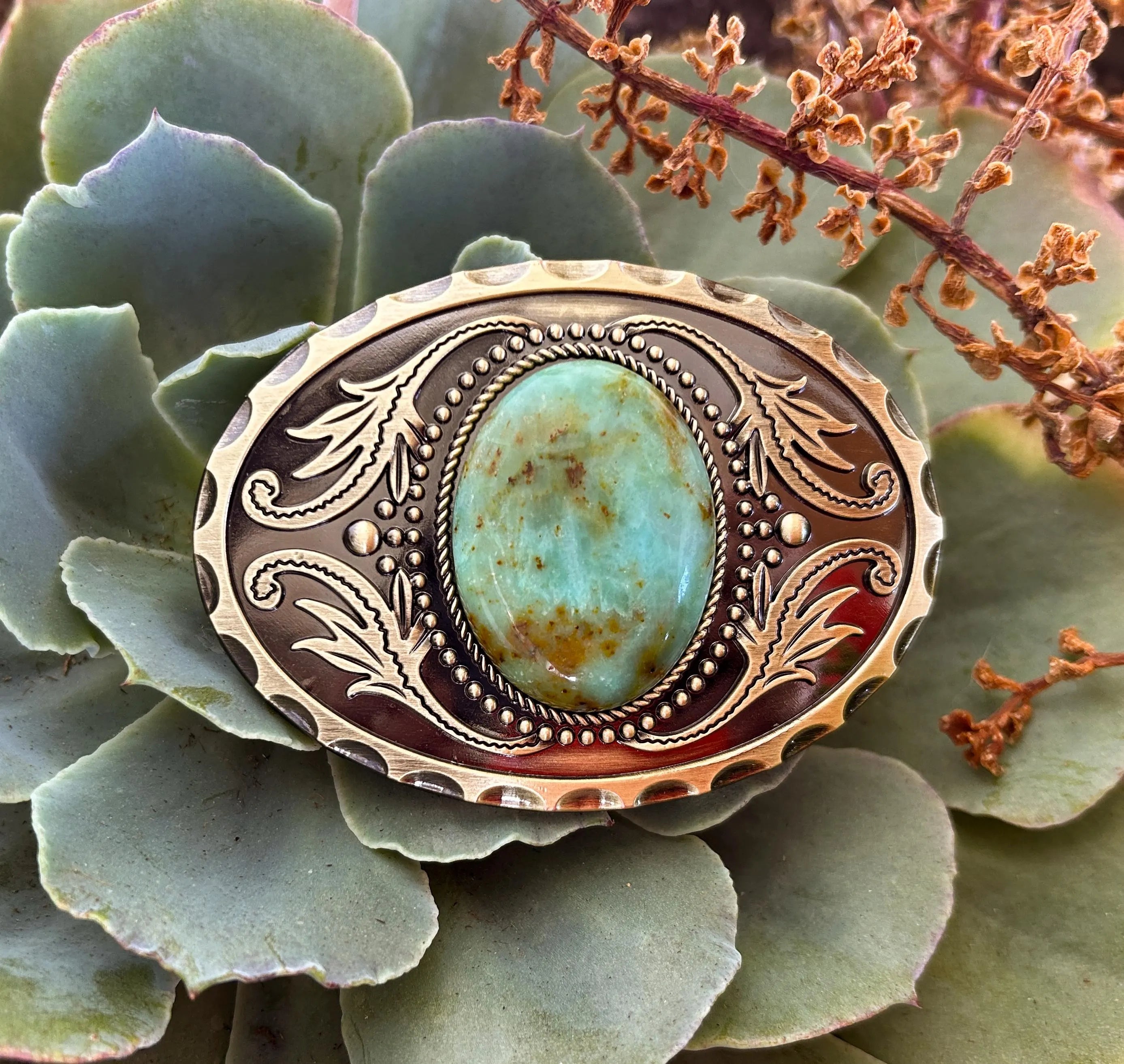 Antique Gold Teal Stone Belt Buckle