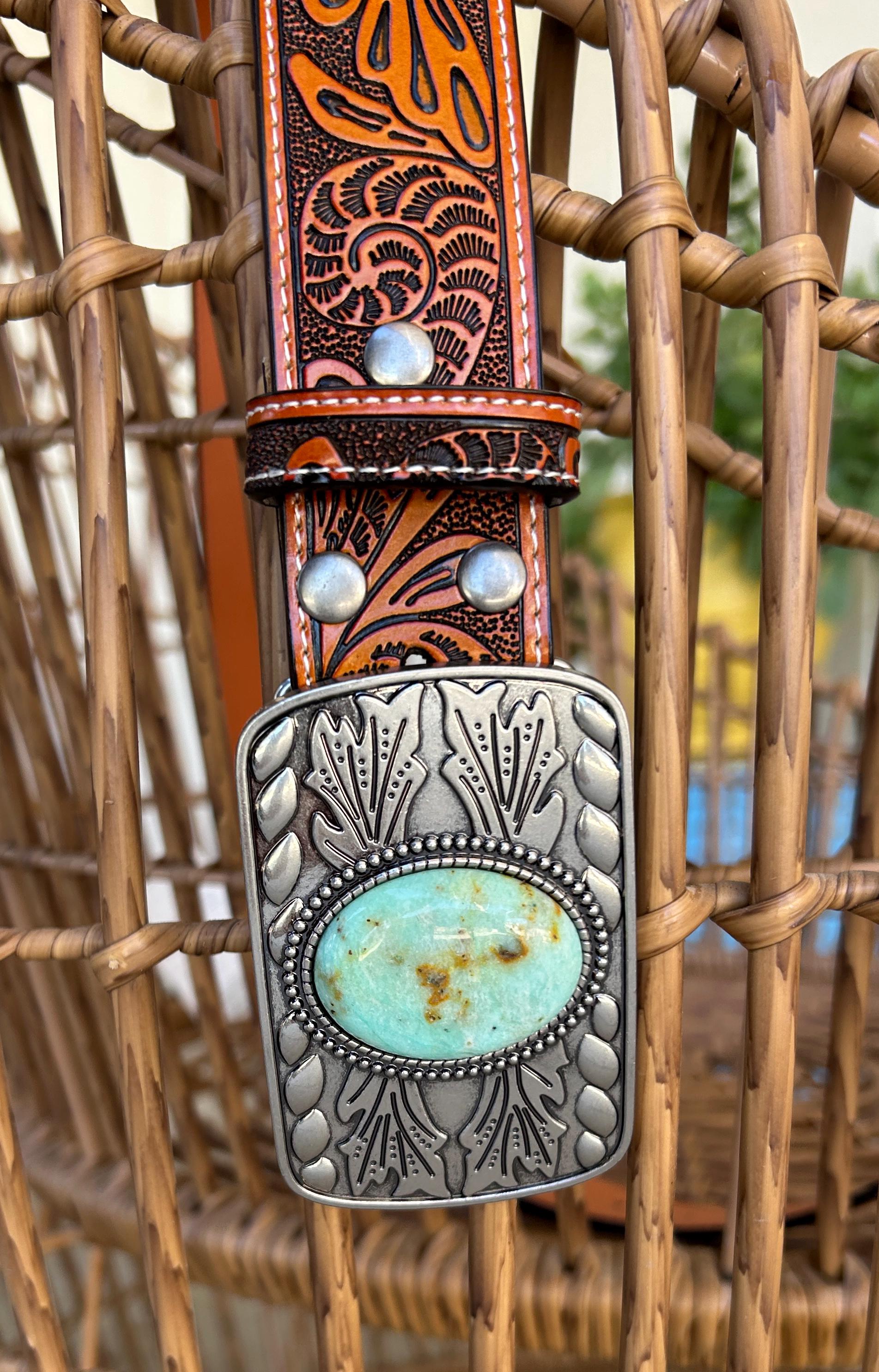 Tooled Brown Leather Belt with Teal Buckle