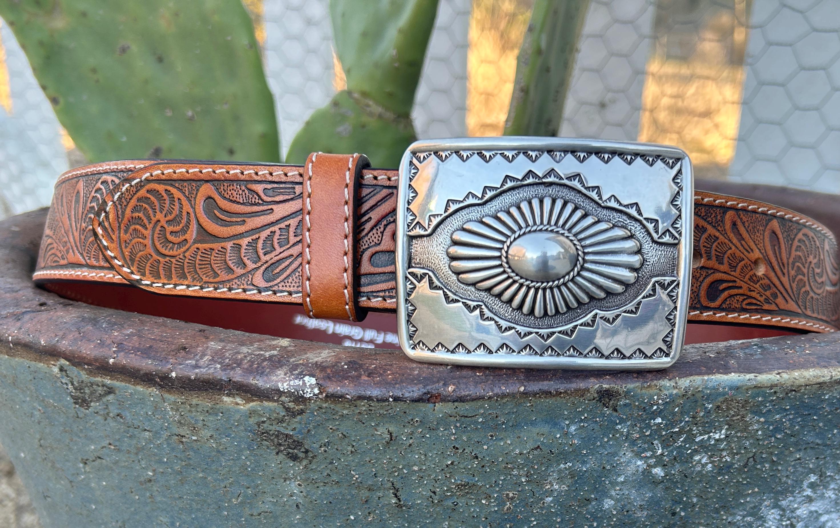 Tooled Brown Belt with Silver Plated Buckle