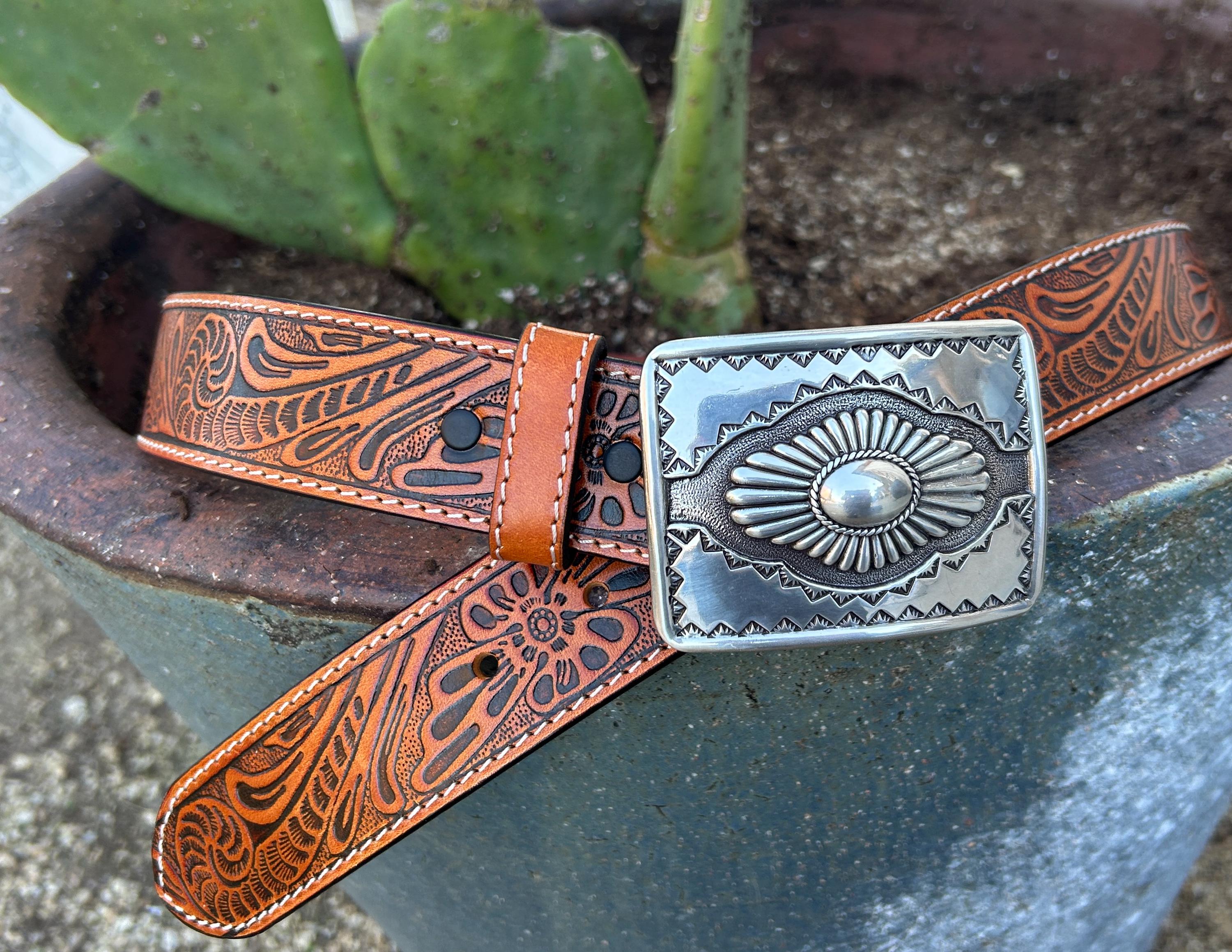 Tooled Brown Belt with Silver Plated Buckle