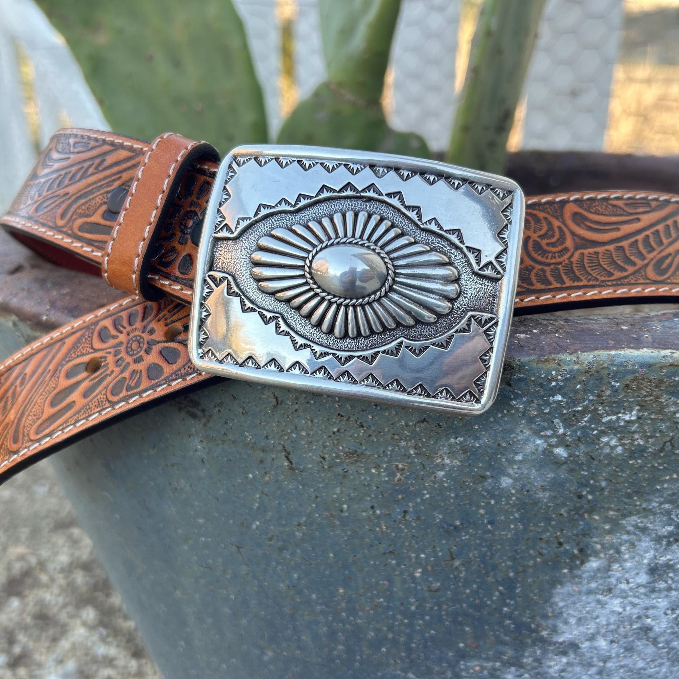 Tooled Brown Belt with Silver Plated Buckle