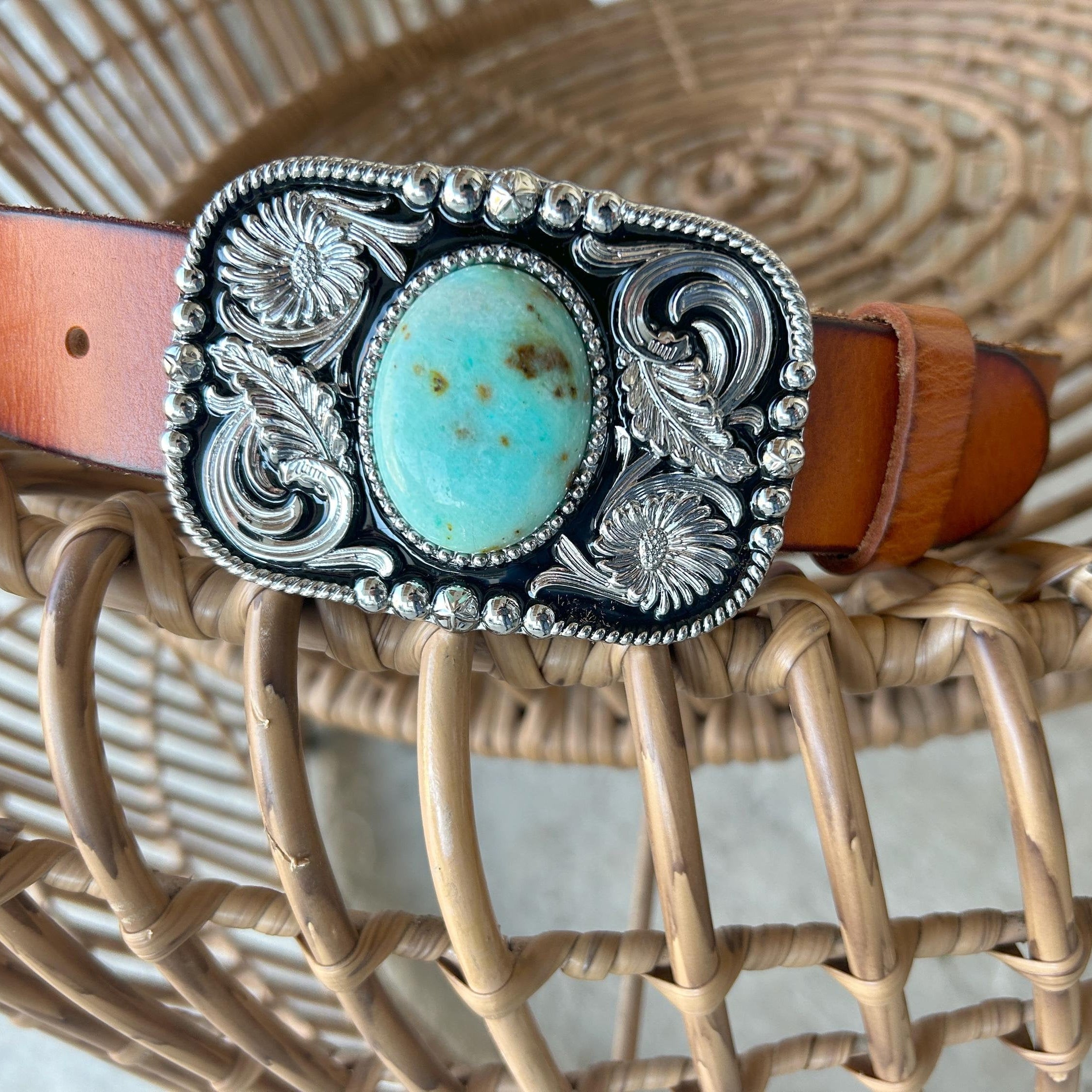TORNADO MART】turquoise leather belt/Y2K Turquoise Tooled Leather