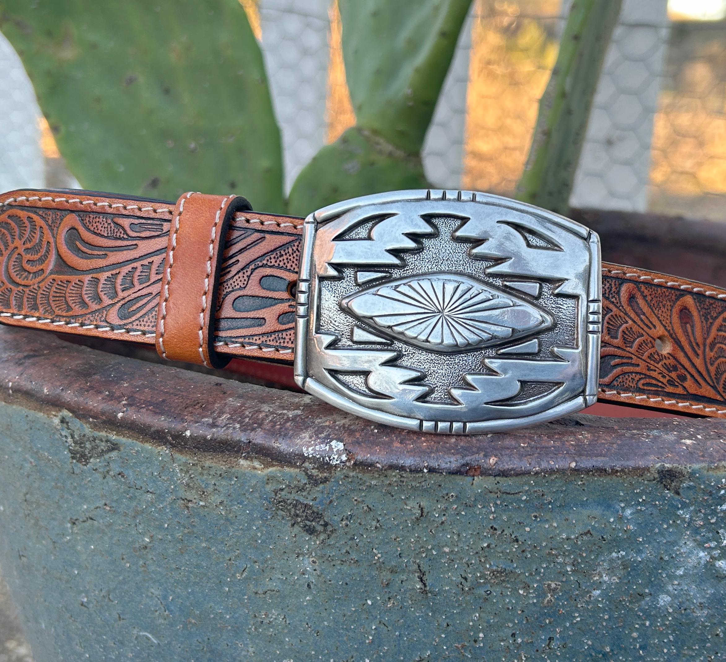 Tooled Brown Leather Western Belt