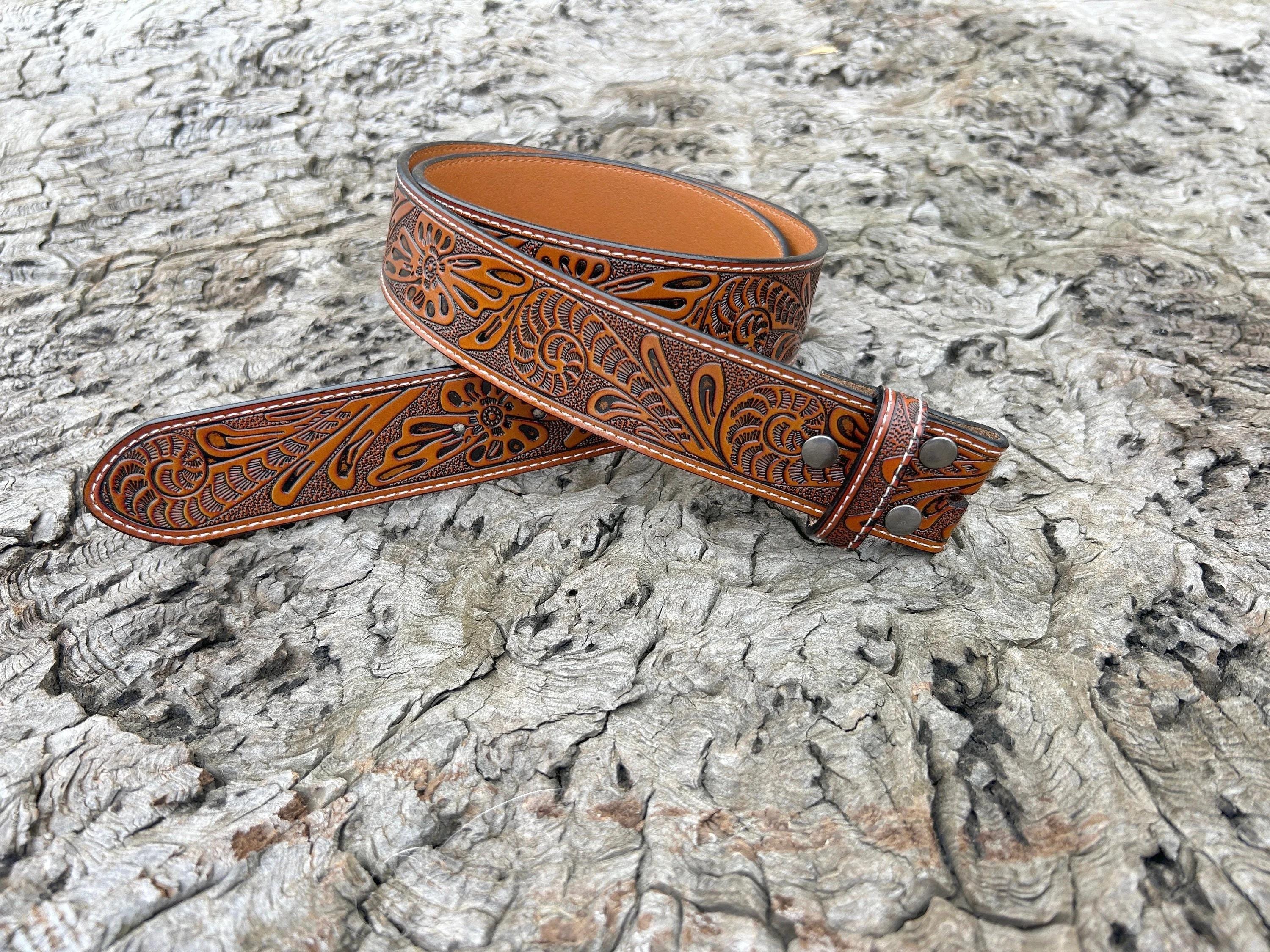 Tooled Brown Leather Belt with Teal Buckle