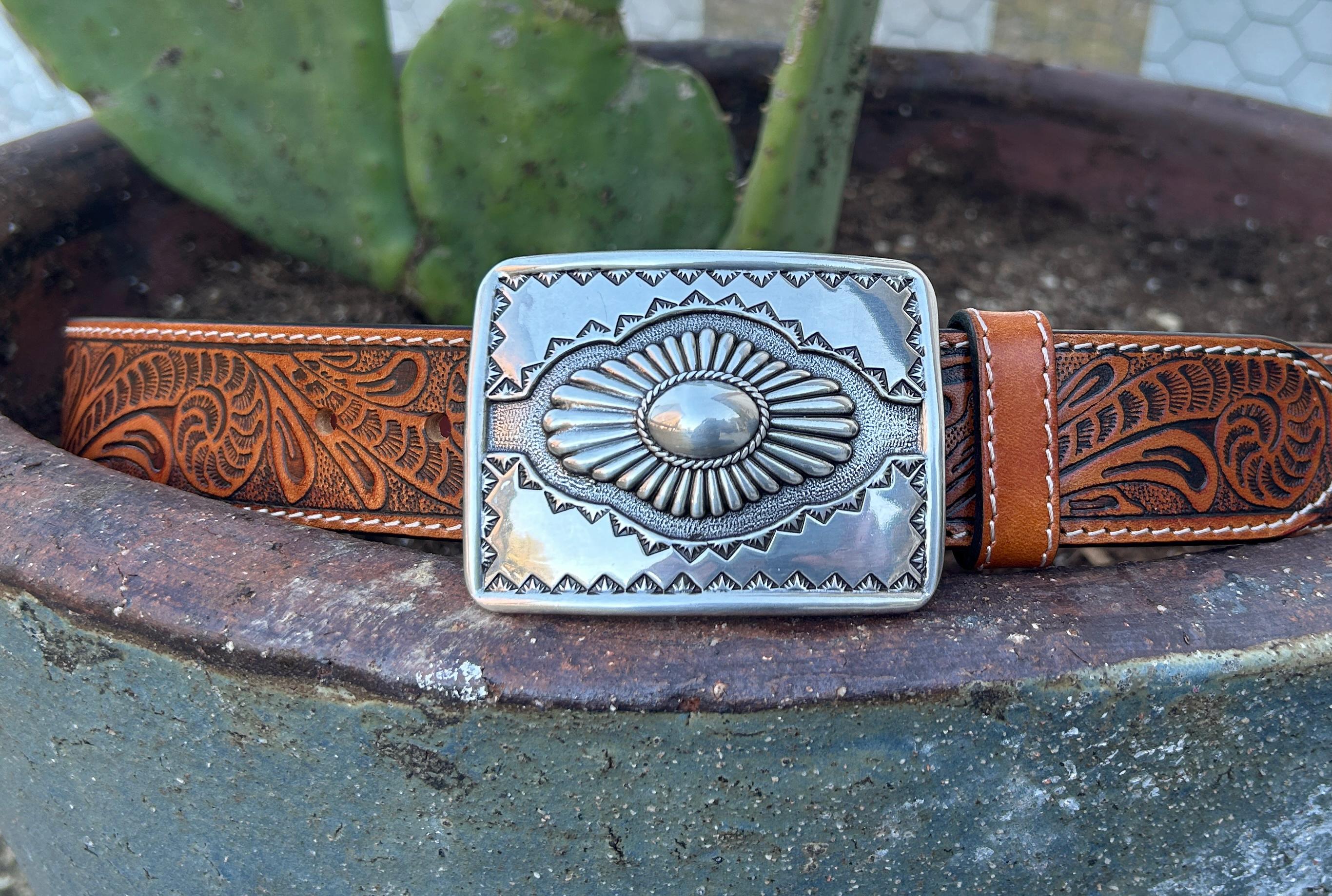 Tooled Brown Belt with Silver Plated Buckle