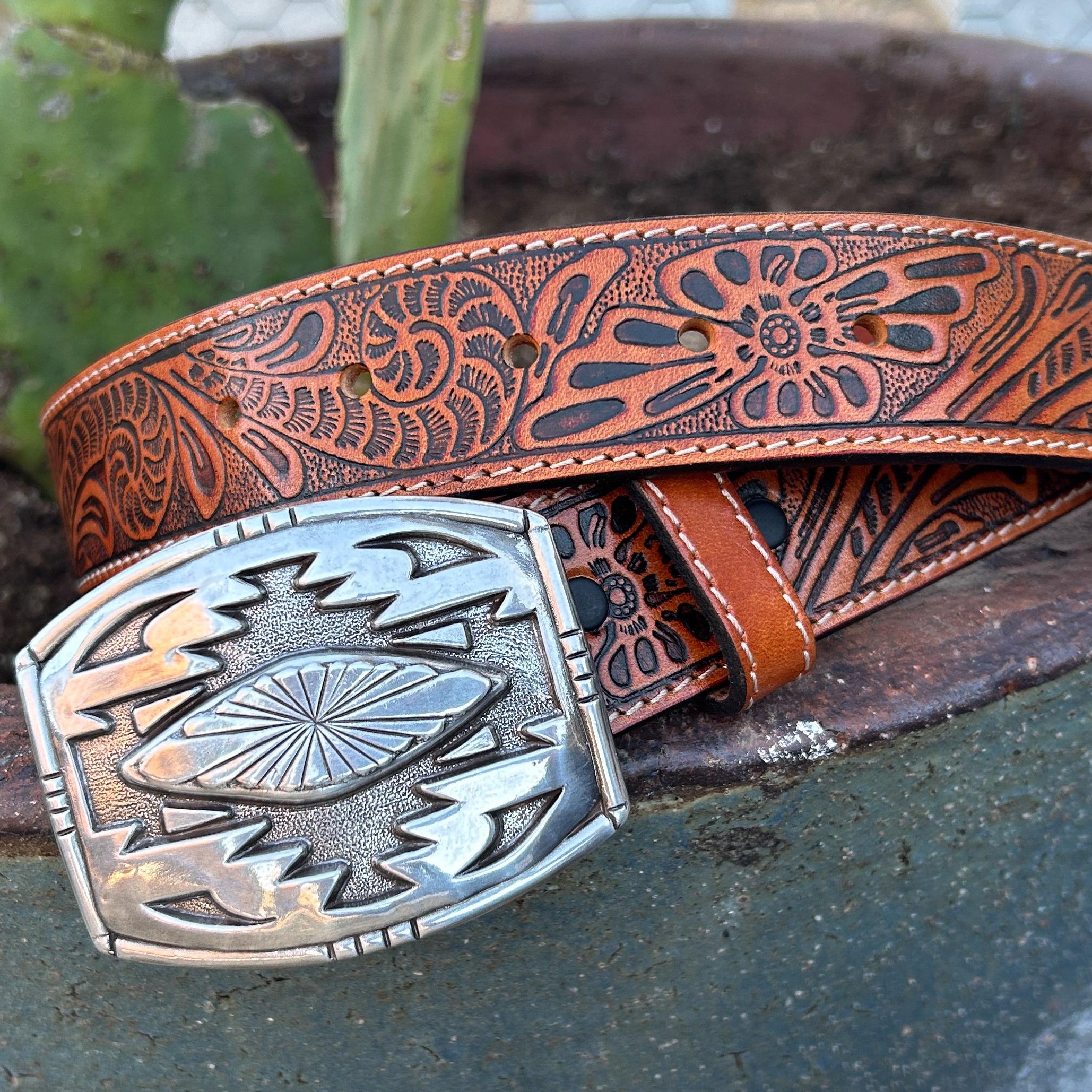 Tooled Brown Leather Western Belt