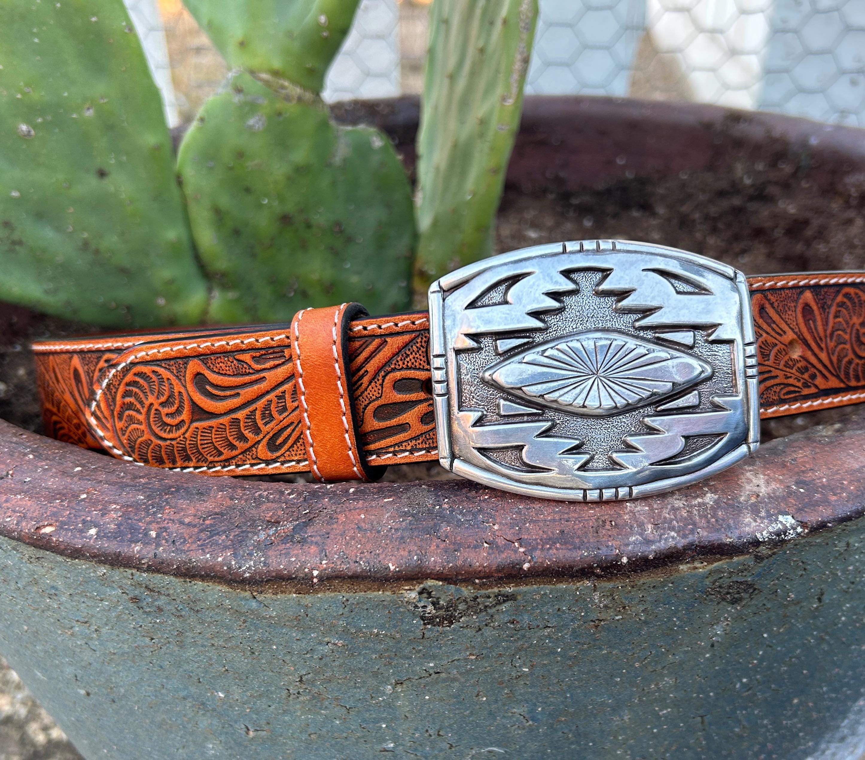 Tooled Brown Leather Western Belt