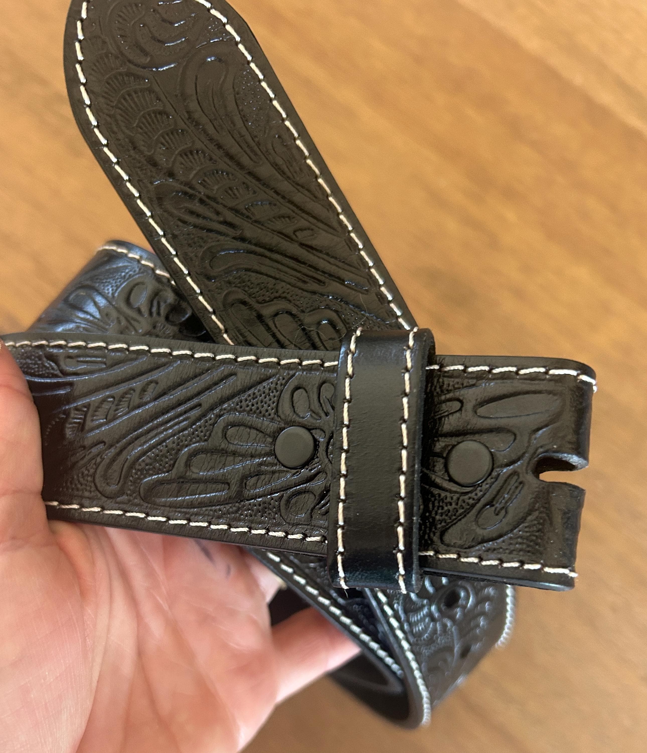 Black Tooled Leather Belt Strap