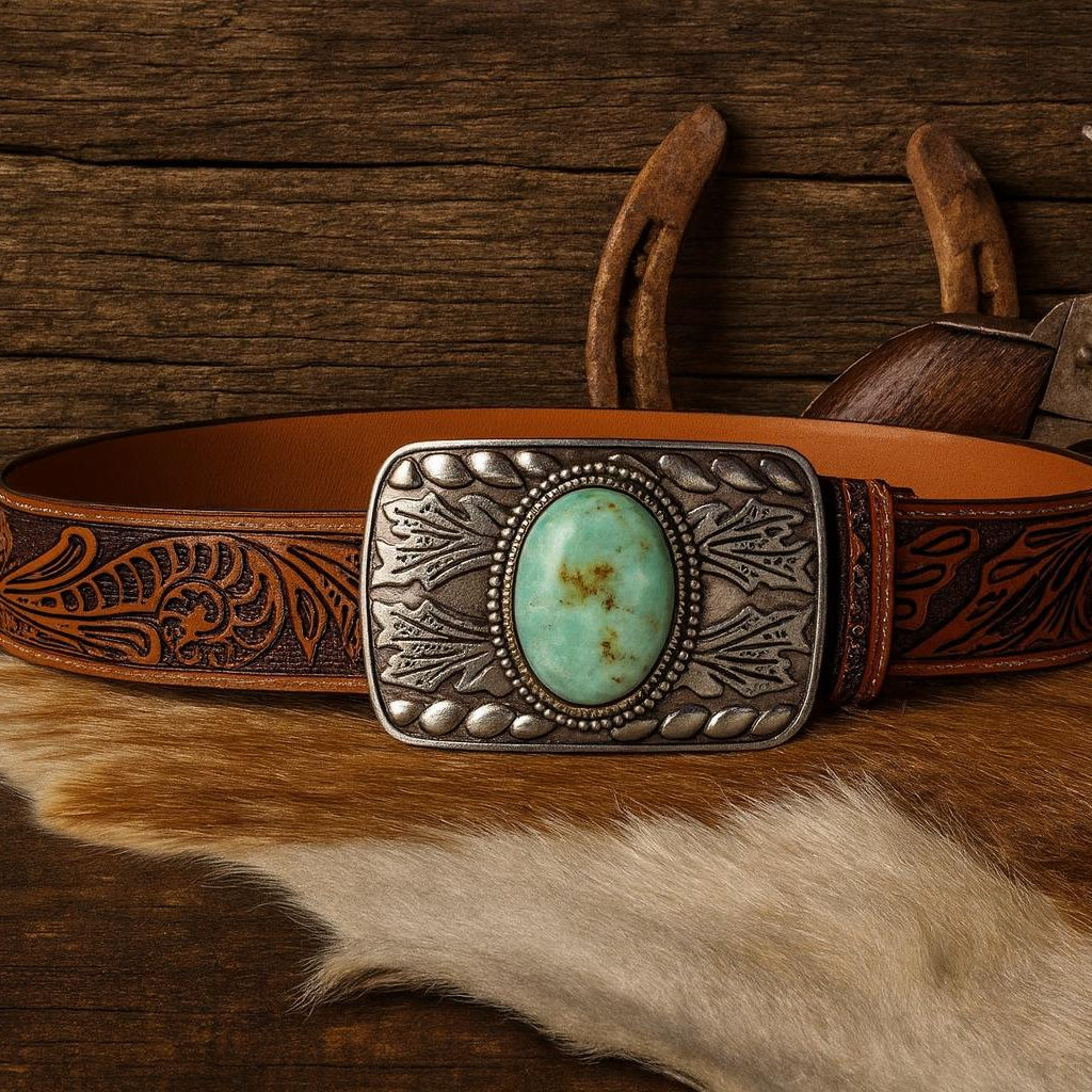 Tooled Brown Leather Belt with Teal Buckle