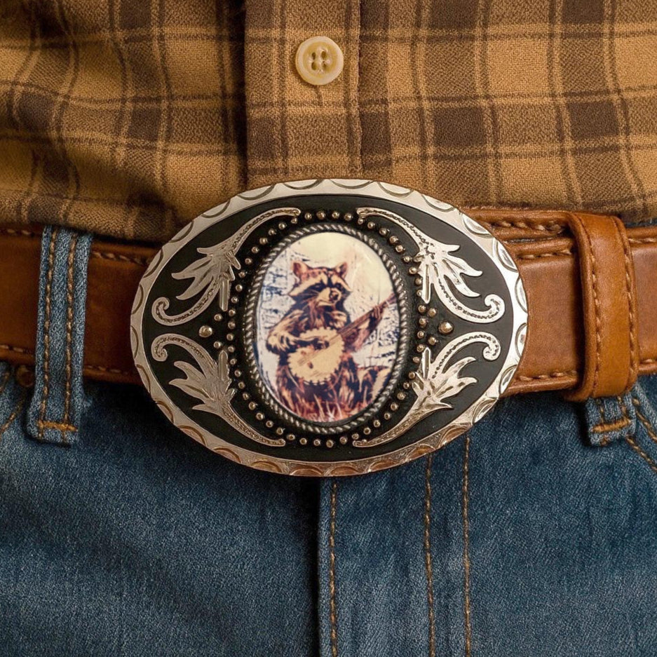 Raccoon playing Banjo Belt Buckle - Western Style Beautiful Silver Buckle